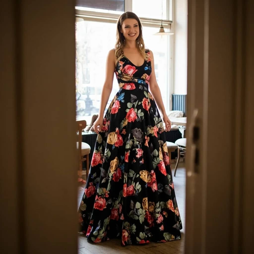 Rochie neagră lungă cu imprimeu floral